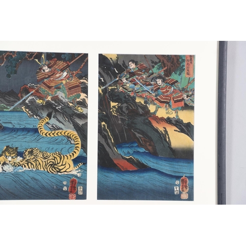 642 - AFTER UTAGAWA KUNIYOSHI (1797-1861) TRIPTYCH OF JAPANESE WOODBLOCK PRINTS. A triptych of Japanese wo... 