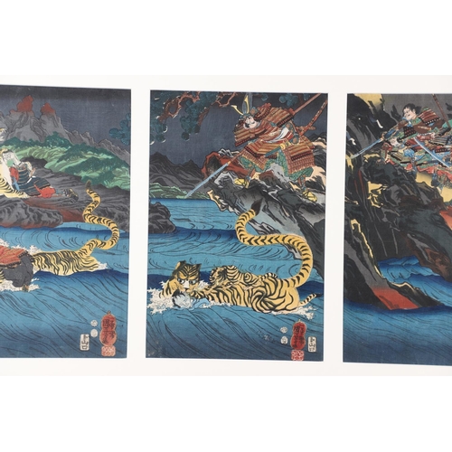 642 - AFTER UTAGAWA KUNIYOSHI (1797-1861) TRIPTYCH OF JAPANESE WOODBLOCK PRINTS. A triptych of Japanese wo... 