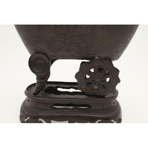 646 - CHINESE BRONZE CENSER & CARVED WOODEN LID. 18th of 19thc, a bronze censer with a foliate design and ... 