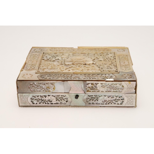 648 - CHINESE MOTHER OF PEARL BOX & COUNTERS. An elaborate mother of pearl box, with flowers and leaves in... 