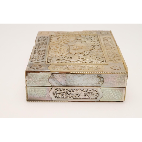 648 - CHINESE MOTHER OF PEARL BOX & COUNTERS. An elaborate mother of pearl box, with flowers and leaves in... 