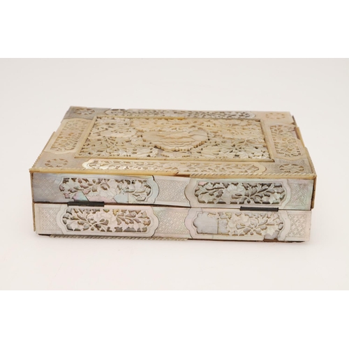 648 - CHINESE MOTHER OF PEARL BOX & COUNTERS. An elaborate mother of pearl box, with flowers and leaves in... 