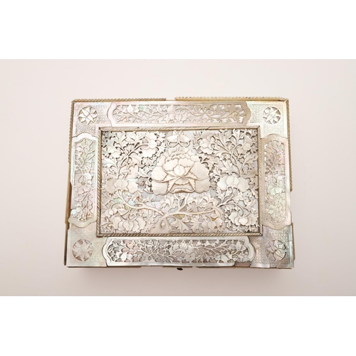 648 - CHINESE MOTHER OF PEARL BOX & COUNTERS. An elaborate mother of pearl box, with flowers and leaves in... 