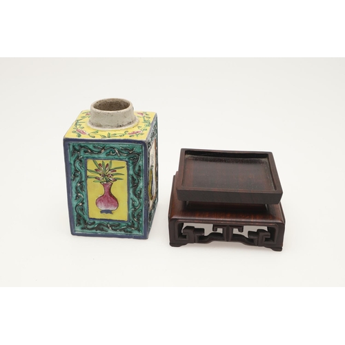 653 - A CHINESE CELADON INK POT ON HARDWOOD STAND, AND A TEA CADDY. Including a Chinese celadon seal paste... 