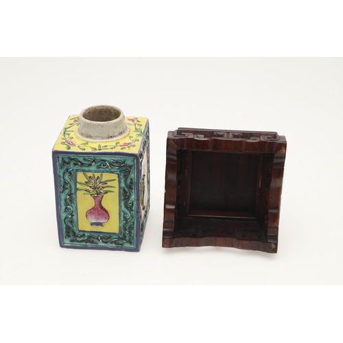 653 - A CHINESE CELADON INK POT ON HARDWOOD STAND, AND A TEA CADDY. Including a Chinese celadon seal paste... 