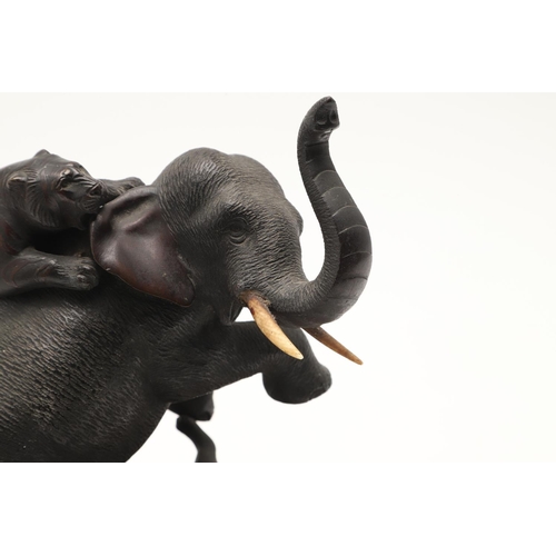 656 - JAPANESE BRONZE ELEPHANT & TIGER GROUP - SIGNED. Probably Meiji period, a bronze sculpture of an Ele... 