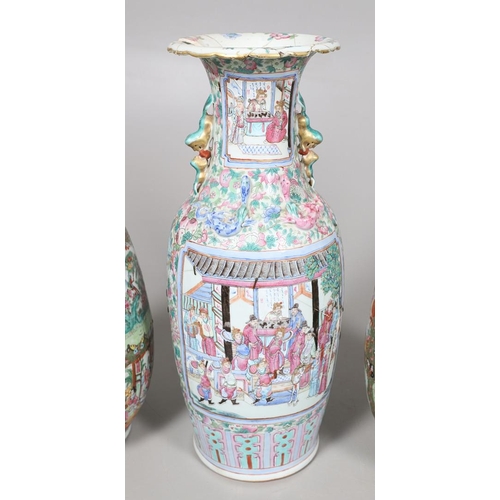 657 - LARGE PAIR OF 19THC CHINESE CANTONESE VASES & ANOTHER VASE. A large pair of 19thc Cantonese vases, p... 