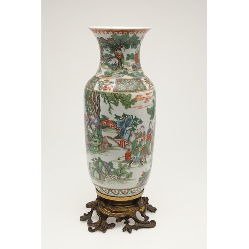 662 - 19THC CHINESE FAMILLE VERTE VASE & ORNATE BASE. A large 19thc Chinese famille verte vase, painted to... 