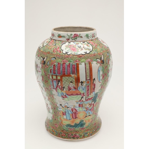 663 - 19THC CHINESE CANTONESE LIDDED JAR. A large 19thc lidded jar, with shaped panels painted with a cour... 