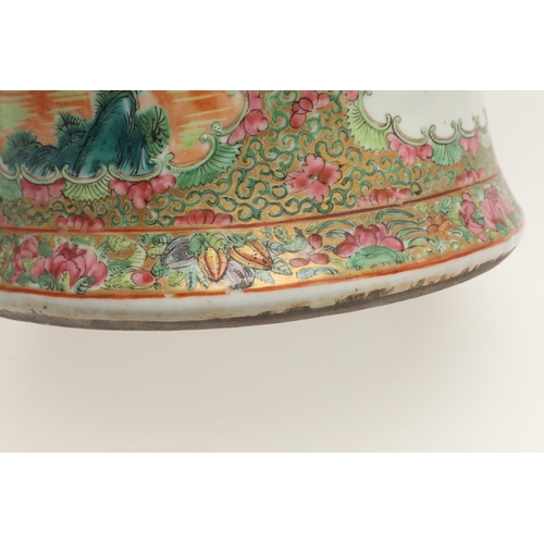 663 - 19THC CHINESE CANTONESE LIDDED JAR. A large 19thc lidded jar, with shaped panels painted with a cour... 