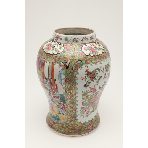 663 - 19THC CHINESE CANTONESE LIDDED JAR. A large 19thc lidded jar, with shaped panels painted with a cour... 