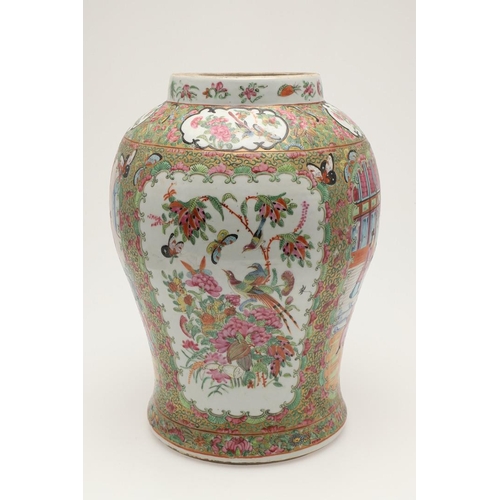 663 - 19THC CHINESE CANTONESE LIDDED JAR. A large 19thc lidded jar, with shaped panels painted with a cour... 