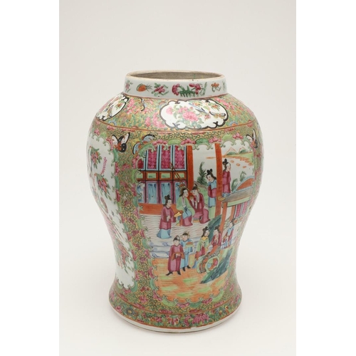 663 - 19THC CHINESE CANTONESE LIDDED JAR. A large 19thc lidded jar, with shaped panels painted with a cour... 