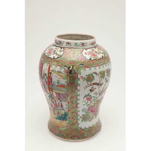 663 - 19THC CHINESE CANTONESE LIDDED JAR. A large 19thc lidded jar, with shaped panels painted with a cour... 