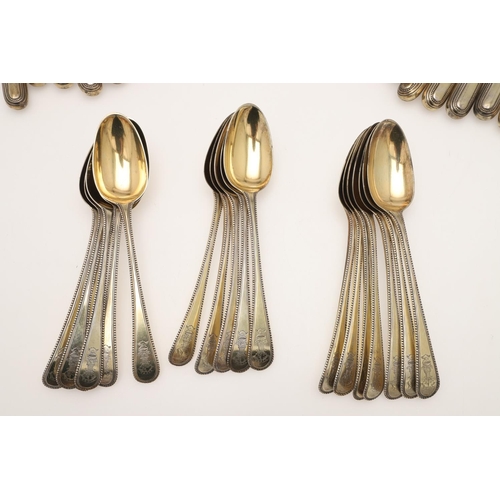 1 - A GEORGE III PART-SERVICE OF SILVERGILT FLATWARE. 18 dessert forks & 18 dessert spoons in Old Englis... 