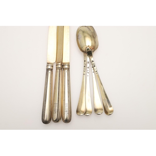 1 - A GEORGE III PART-SERVICE OF SILVERGILT FLATWARE. 18 dessert forks & 18 dessert spoons in Old Englis... 