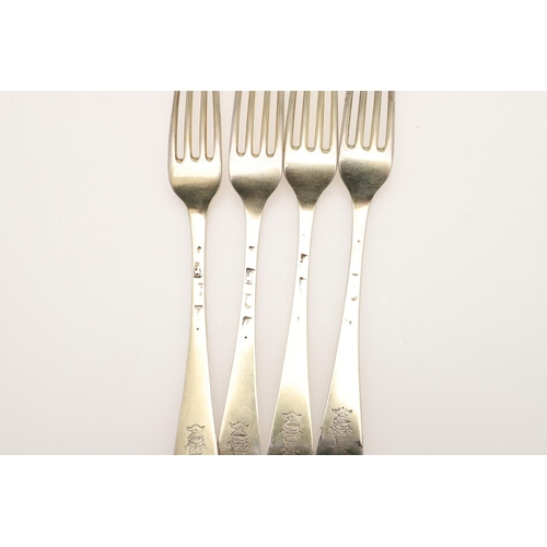 1 - A GEORGE III PART-SERVICE OF SILVERGILT FLATWARE. 18 dessert forks & 18 dessert spoons in Old Englis... 