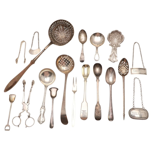 10 - MIXED SILVER FLATWARE ETCETERA. to include a George III mote spoon, by Hester Bateman, a continental... 