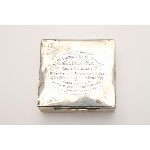 104 - AN EDWARDIAN SILVER CIGARETTE BOX. rectangular form, (cedarwood lining), the cover inscribed 