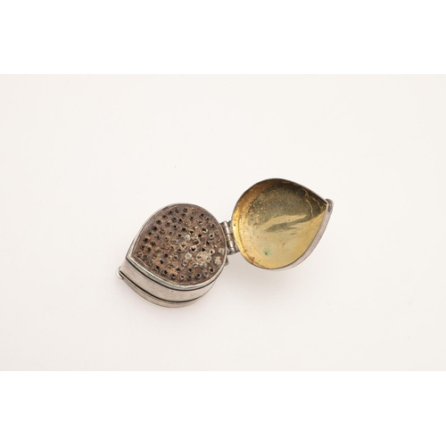 106 - A LATE 17TH/ EARLY 18TH CENTURY SILVER TEAR DROP NUTMEG GRATER. with a hinged cover & base, engraved... 