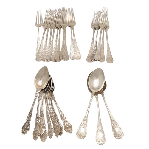 11 - LATE 19TH/ EARLY 20TH CENTURY OTTOMAN EMPIRE SILVER FLATWARE. 16 table forks and 12 tablespoons (2 s... 