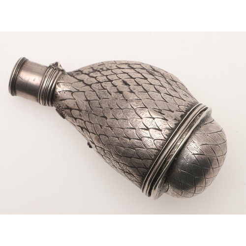 110 - A RARE 18TH CENTURY SILVER SHOT FLASK. with a shaped body, decorated with a textured plumage and a r... 