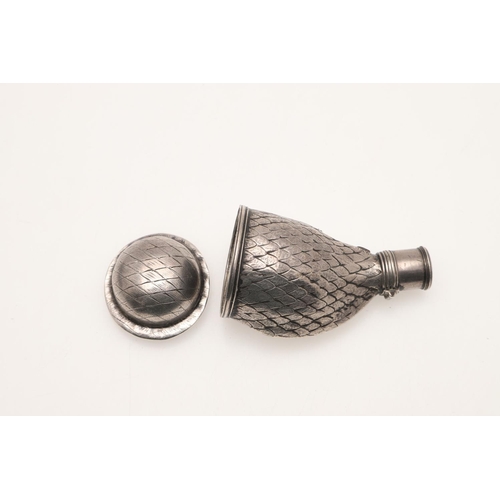 110 - A RARE 18TH CENTURY SILVER SHOT FLASK. with a shaped body, decorated with a textured plumage and a r... 