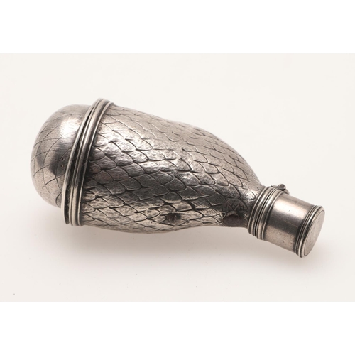 110 - A RARE 18TH CENTURY SILVER SHOT FLASK. with a shaped body, decorated with a textured plumage and a r... 