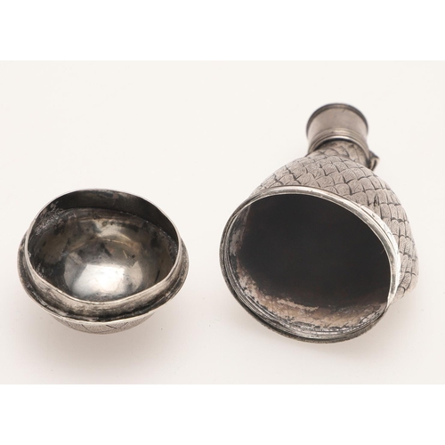 110 - A RARE 18TH CENTURY SILVER SHOT FLASK. with a shaped body, decorated with a textured plumage and a r... 