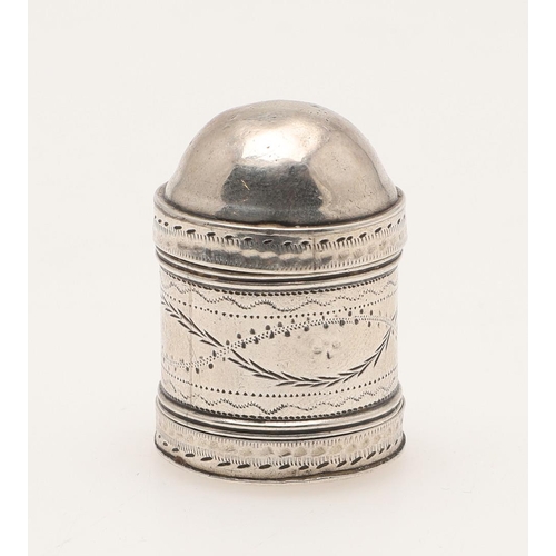 111 - A GEORGE III SILVER NUTMEG GRATER. cylindrical form, with a domed, pull-off cover, pull-off base and... 