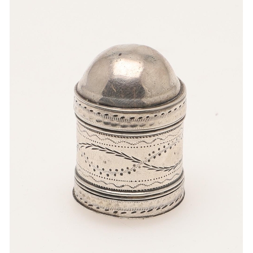 111 - A GEORGE III SILVER NUTMEG GRATER. cylindrical form, with a domed, pull-off cover, pull-off base and... 