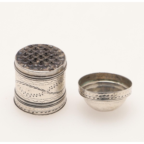 111 - A GEORGE III SILVER NUTMEG GRATER. cylindrical form, with a domed, pull-off cover, pull-off base and... 