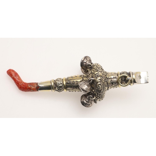 112 - A GEORGE IV SILVERGILT BABY'S RATTLE. of baluster form, with six hanging bells, a coral teether and ... 