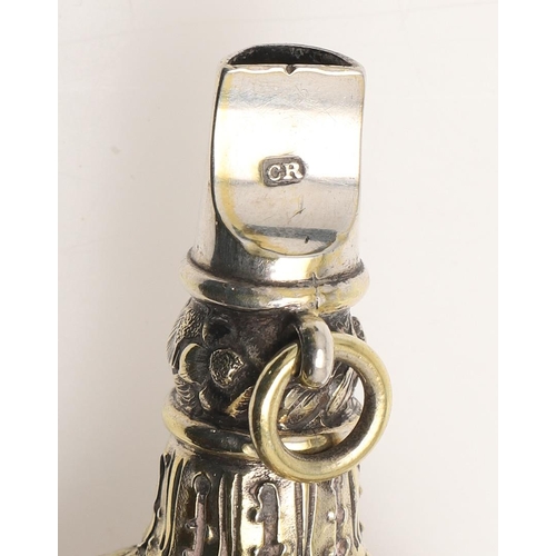 112 - A GEORGE IV SILVERGILT BABY'S RATTLE. of baluster form, with six hanging bells, a coral teether and ... 