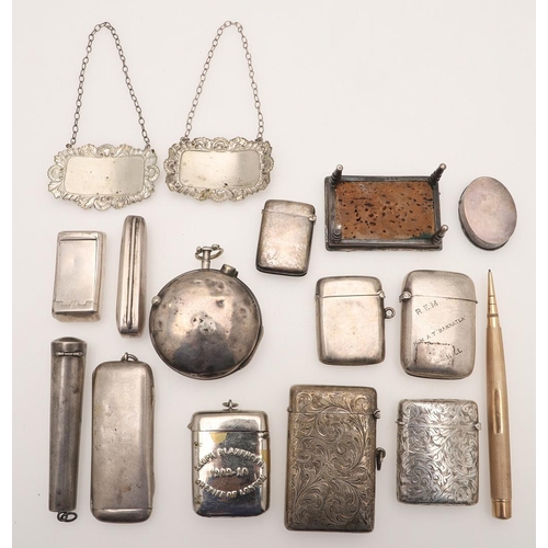 116 - A MIXED LOT OF SILVER BOXES ETCETERA. to include a George V silver & enamel vesta case decorated wit... 