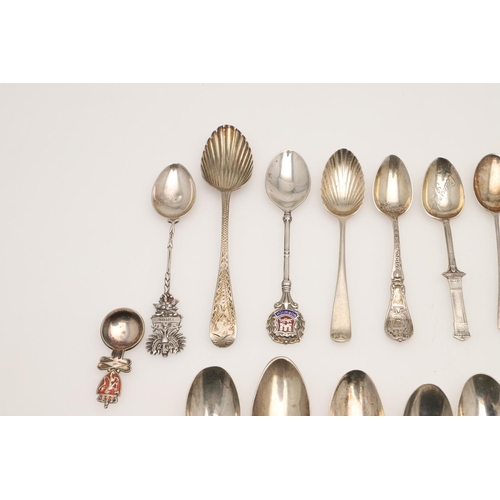 12 - A QUANTITY OF VARIOUS SILVER SOUVENIR TEASPOONS & OTHER SPOONS. including one by Liberty & Co,  some... 