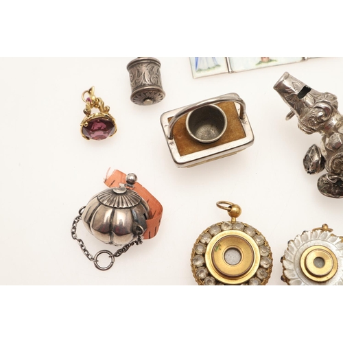 120 - A MIXED LOT OF COLLECTABLES. to include 2 gilt-metal magnifiers, 2 bodkins, a small niello box, a fo... 