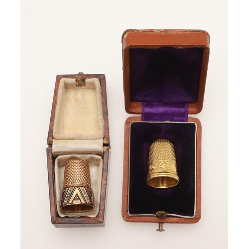 126 - TWO CASED GOLD THIMBLES. one decorated around the lower body with chevrons, turquoise pellets & seed... 