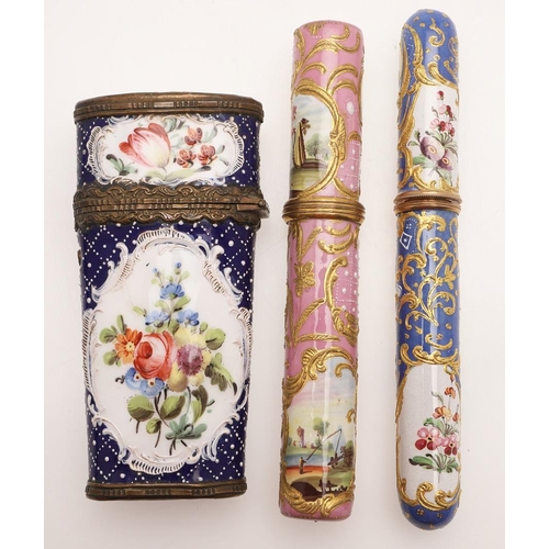 127 - STAFFORDSHIRE ENAMEL. An etui, the case with floral painted reserves on a dotted blue ground and int... 