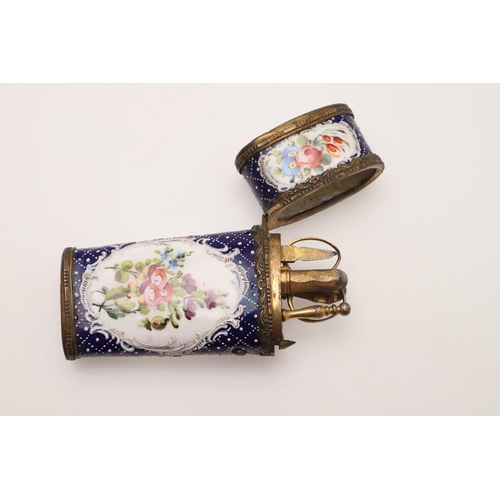 127 - STAFFORDSHIRE ENAMEL. An etui, the case with floral painted reserves on a dotted blue ground and int... 