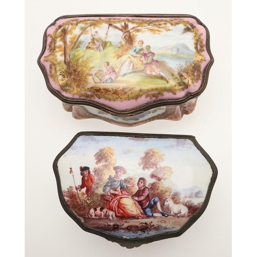 128 - TWO SNUFFBOXES. comprising a white enamel example, the cover painted with a courting couple, the sid... 