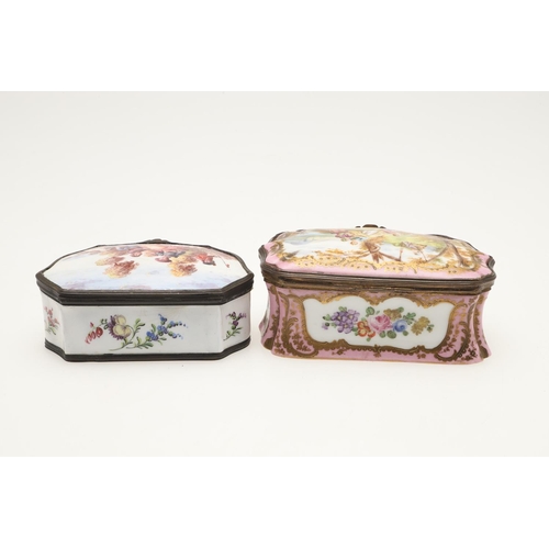 128 - TWO SNUFFBOXES. comprising a white enamel example, the cover painted with a courting couple, the sid... 