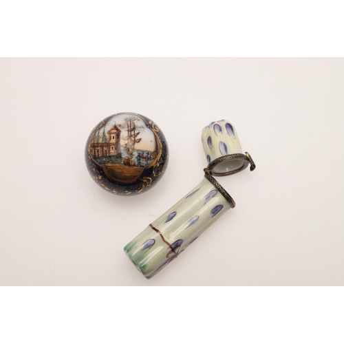 129 - PORCELAIN SCENT BOTTLES. A Sitzendorf bottle of a sportsman with figure on his back,9.5 cm , another... 