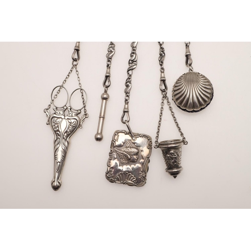 136 - A SILVER CHATELAINE. of Art Nouveau design, the heart shape suspensory panel with female portrait (b... 