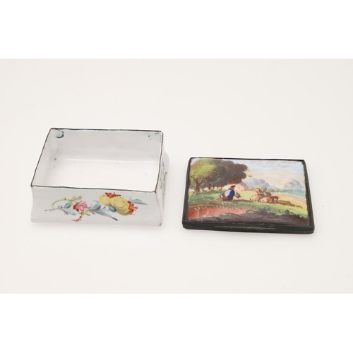 138 - AN ENAMEL SNUFF BOX AND THREE POWDER BOXES. the box white with painted landscape cover c. 1800 , 7cm... 