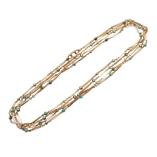 152 - A GOLD, TURQUOISE AND PEARL SET LONG GUARD CHAIN. formed with long and short links, mounted with tur... 