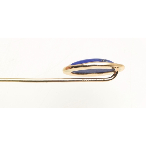 161 - A LAPIS LAZULI AND GOLD STICK PIN BY LOUIS COMFORT TIFFANY FOR TIFFANY & CO. the marquise-shaped lap... 