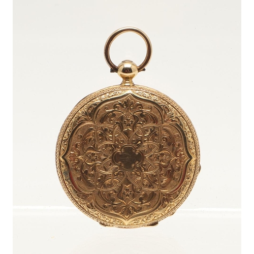 165 - AN 18CT GOLD SWISS CYLINDER OPEN FACED POCKET WATCH. the gold foliate engraved dial with Roman numer... 