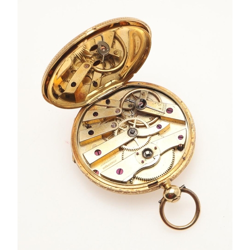 165 - AN 18CT GOLD SWISS CYLINDER OPEN FACED POCKET WATCH. the gold foliate engraved dial with Roman numer... 