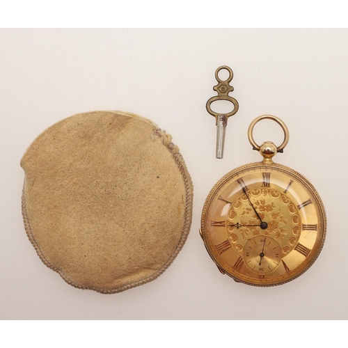 165 - AN 18CT GOLD SWISS CYLINDER OPEN FACED POCKET WATCH. the gold foliate engraved dial with Roman numer... 